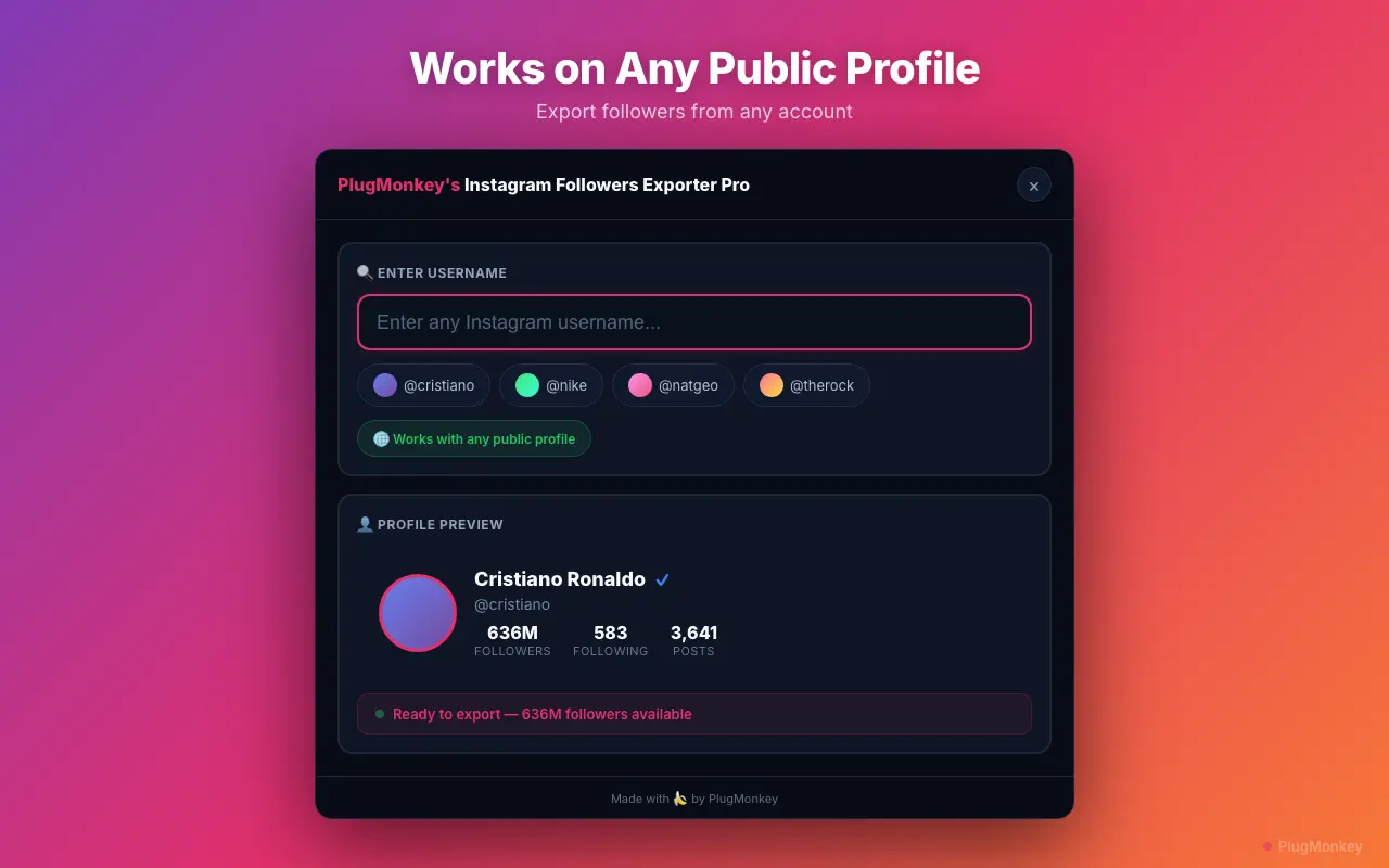 Followers Exporter Pro for Instagram's table view of exportable follower data