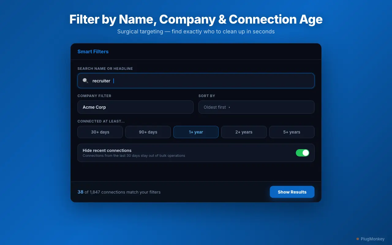 Connection Remover Pro for LinkedIn's Smart Filters panel with search by name, company, and connection age, plus a recent-connection safety toggle