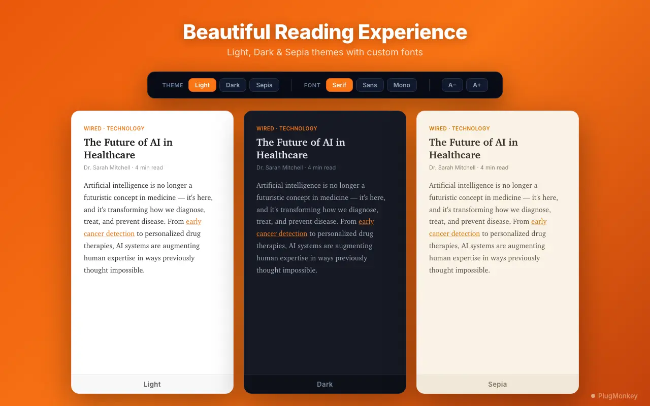 ReadMonkey Pro's reader showing an article in Light, Dark, and Sepia themes with font controls