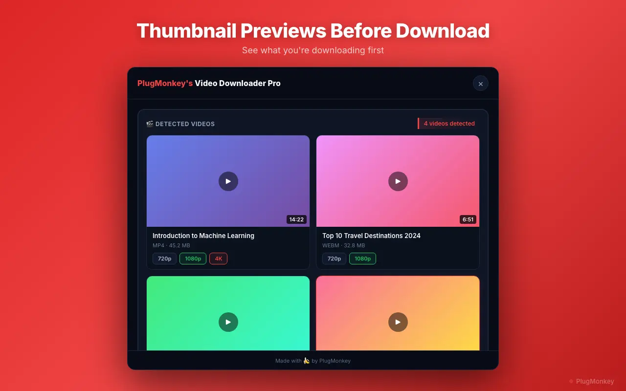 Video Downloader Pro detecting videos on a page with thumbnail previews, resolutions, and file sizes
