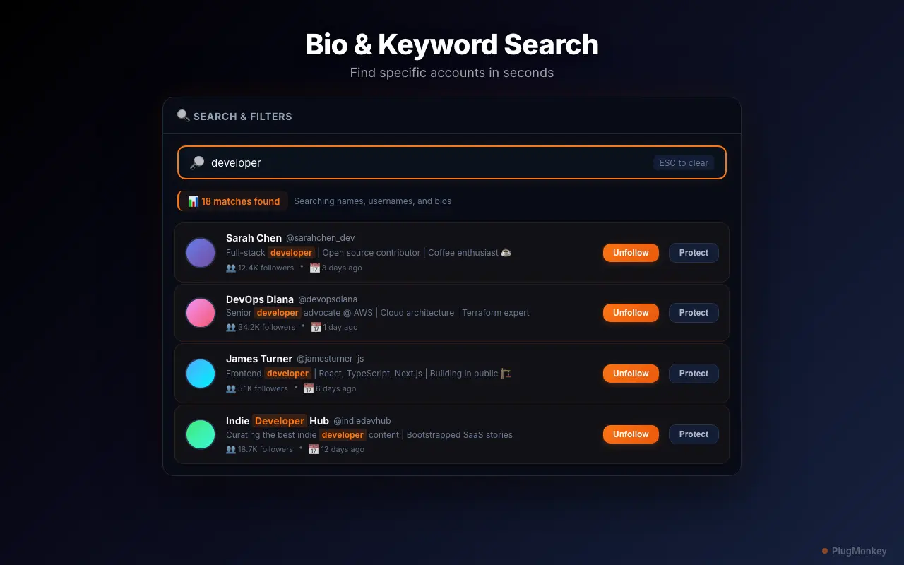 Unfollow Pro for X's filter panel used to surface bot-like accounts by bio, follower count, and activity