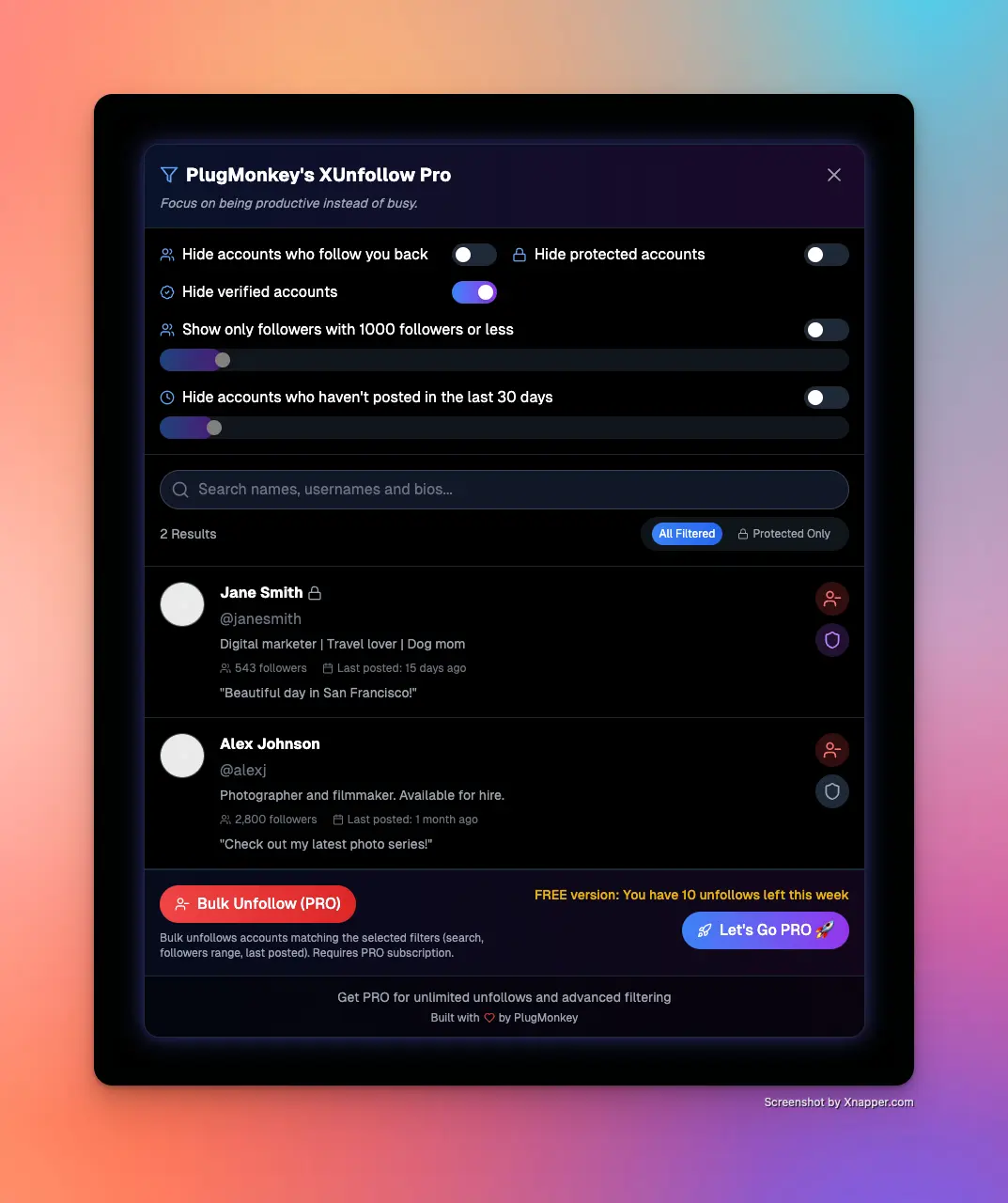 PlugMonkey's X (Twitter) Unfollow Pro Interface